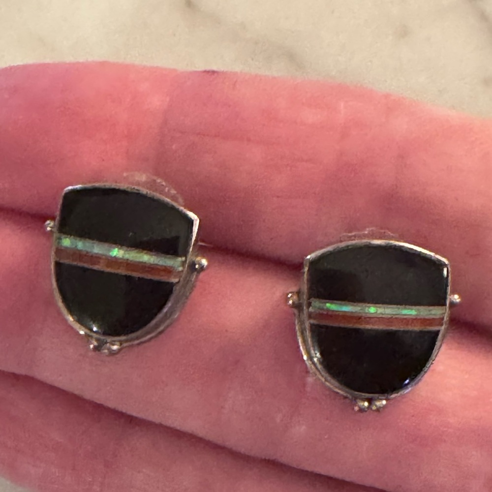 Native American Sterling, onyx and stone shield earrings. 5/8 inches. Like new.